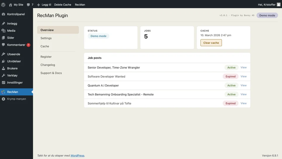RecMan Plugin WordPress admin dashboard showing job posts, cache status, and settings